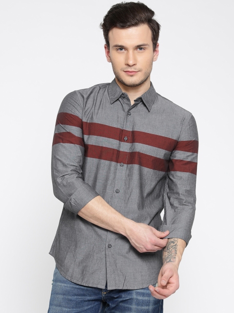 

Jack & Jones Men Grey Melange Slim Fit Striped Casual Shirt