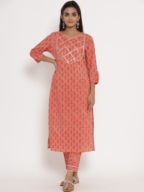 

mirari Orange Floral Printed Pure Cotton Kurta with Trousers