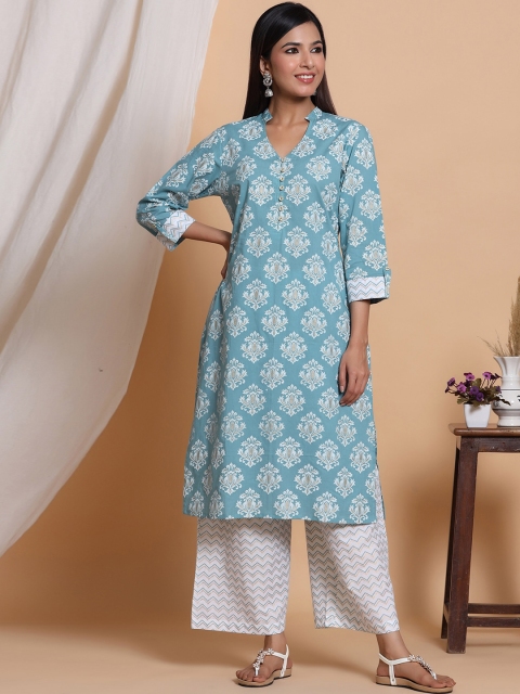 

mirari Turquoise Blue Ethnic Motifs Printed Pure Cotton Kurta with Palazzos