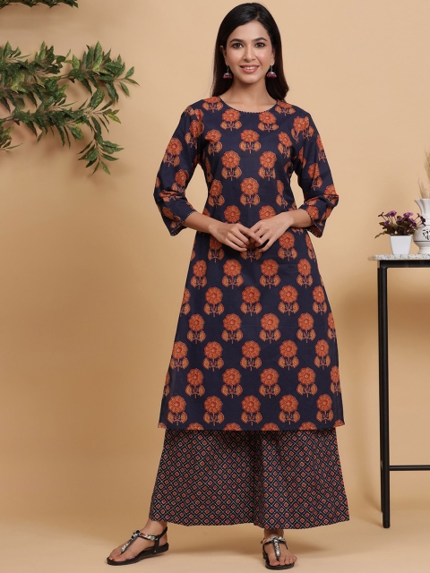 

mirari Navy Blue Floral Printed Pure Cotton Kurta with Palazzos