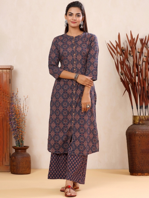 

mirari Blue Ethnic Motifs Printed Pure Cotton Kurta with Palazzos