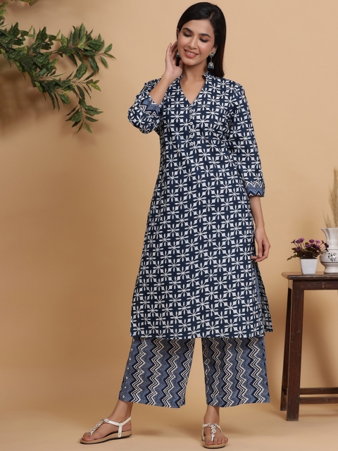 

mirari Navy Blue Floral Printed Pure Cotton Kurta with Palazzos