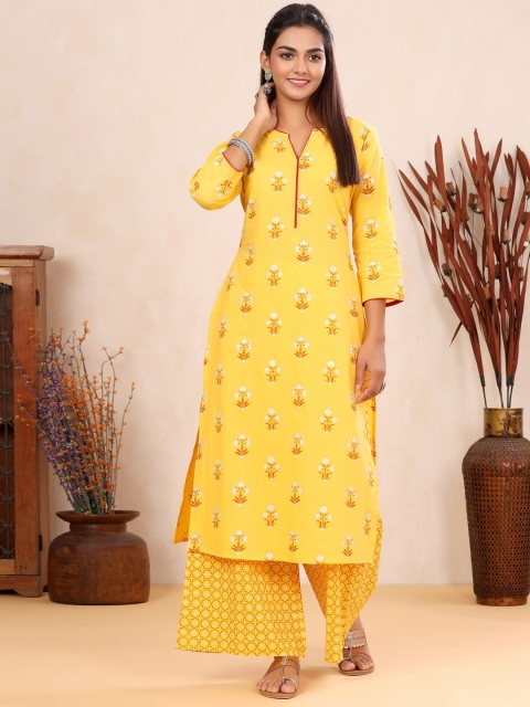

mirari Yellow Floral Printed Pure Cotton Kurta with Palazzos