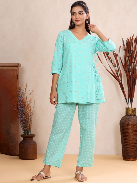 

mirari Turquoise Blue Floral Printed Pure Cotton Top with Trousers