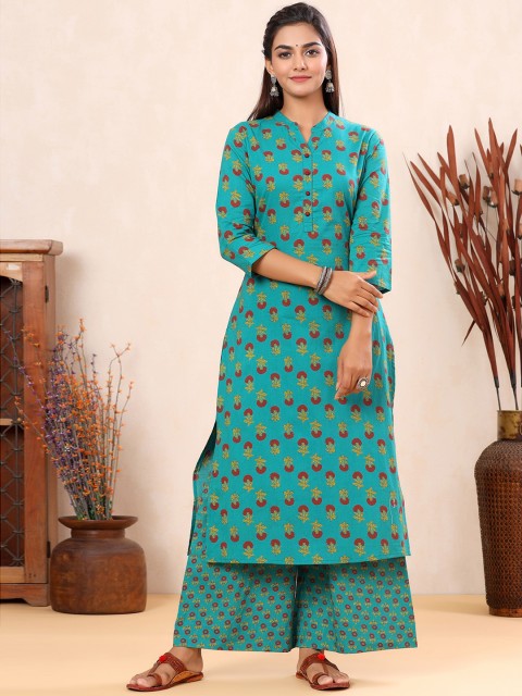 

mirari Sea Green Floral Printed Pure Cotton Kurta with Palazzos