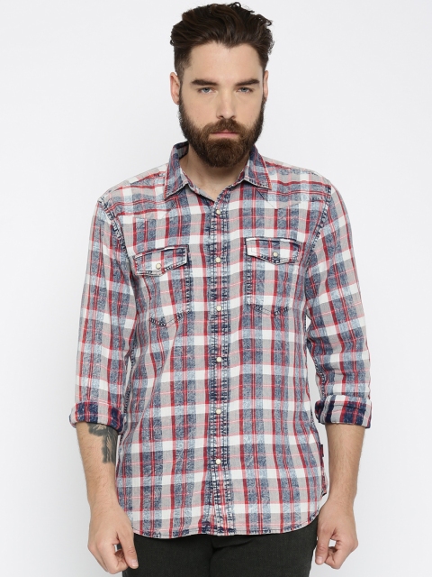 

Jack & Jones Men Navy & Red Slim Fit Checked Casual Shirt, Navy blue