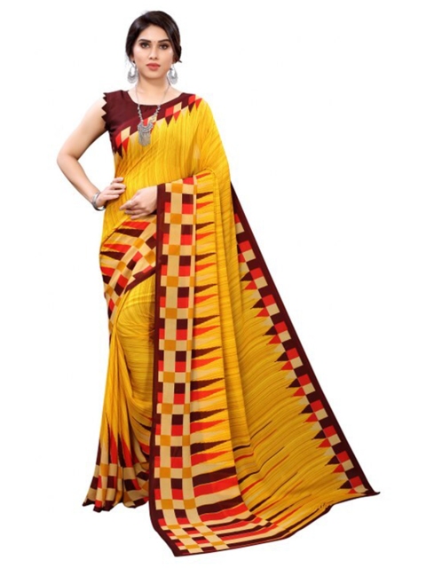 

Yashika Yellow & Brown Printed Georgette Saree