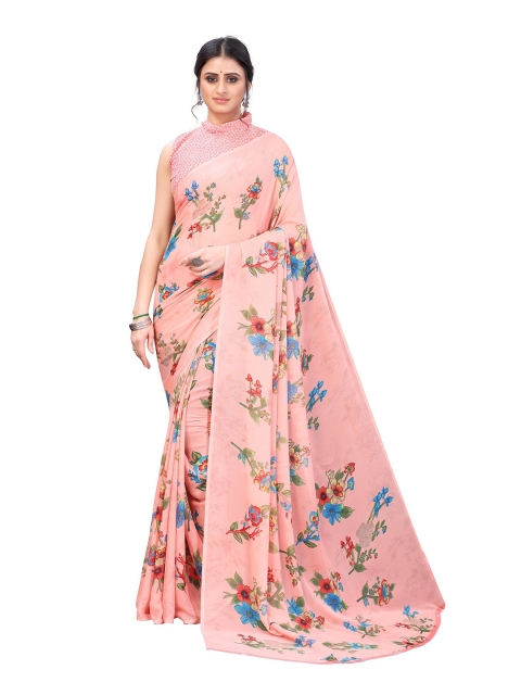 

Yashika Peach-Coloured & Blue Floral Georgette Saree