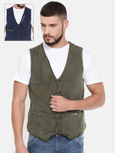 

Jack & Jones Olive Green & Blue Reversible Casual Waistcoat