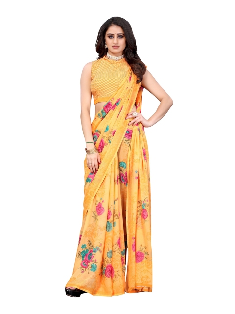 

Yashika Yellow & Pink Floral Printed Poly-Georgette Saree