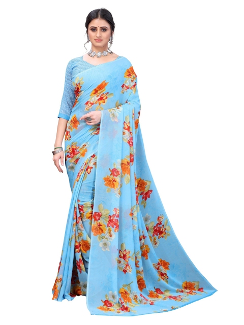 

Yashika Turquoise Blue & Orange Floral Printed Saree