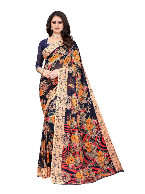 

Yashika Navy Blue & Orange Floral Georgette Saree