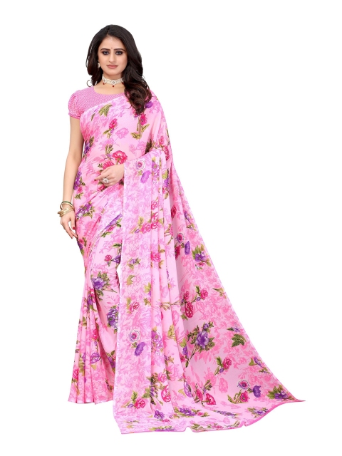 

Yashika Pink & Green Floral Printed Poly-Georgette Saree