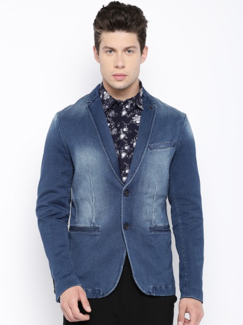 

Jack & Jones Men Blue Washed Single-Breasted Denim Casual Blazer