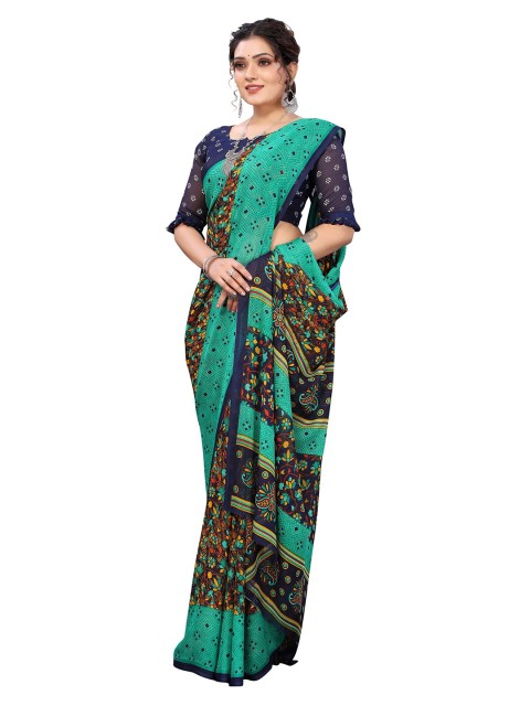 

Yashika Green & Blue Floral Printed Saree With Unstiched Blouse