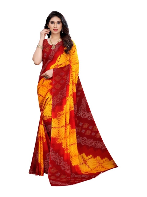 

Yashika Red & Yellow Bandhani Printed Poly-Georgette Saree