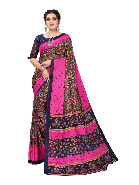 

Yashika Navy Blue & Pink Floral Printed Saree