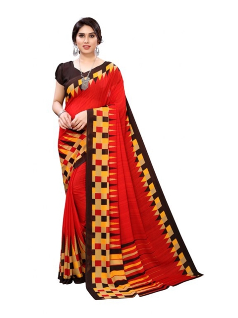 

Yashika Red & Yellow Checked Printed Poly-Georgette Saree