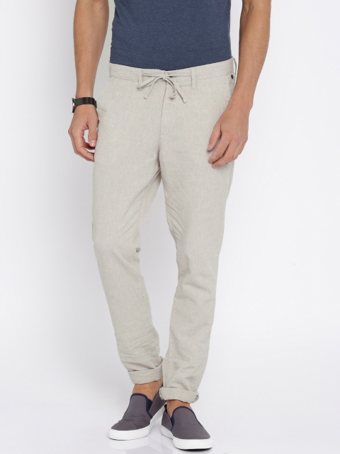 

Jack & Jones Men Grey Marco Slim Fit Self-Design Linen Regular Trousers