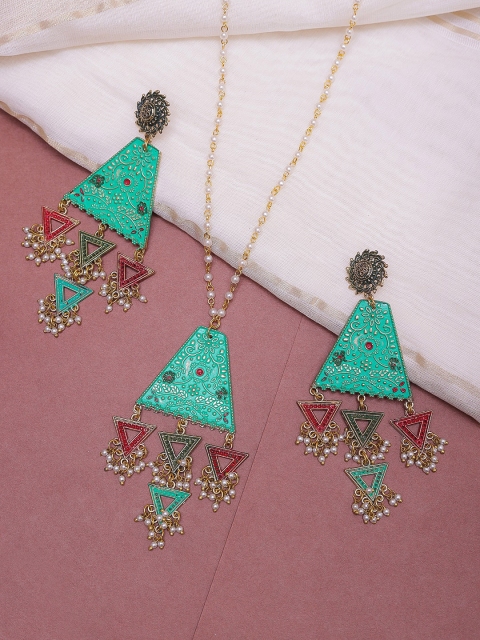 

DIVA WALK Gold-Plated Blue & Red Hand Painted Pearl Beaded Jewellery Set