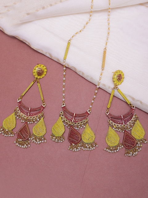 

DIVA WALK Gold-Plated Red & Yellow Hand Painted & Pearl Beaded Jewellery Set