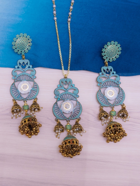 

DIVA WALK Gold-Plated Blue Hand Painted & Pearl Beaded Jewellery Set