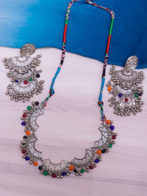 

DIVA WALK Silver-Plated Red & Blue Beaded Jewellery Set