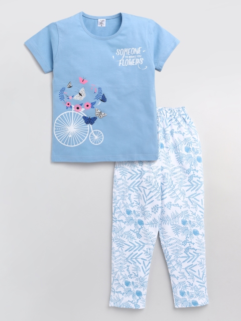 

Todd N Teen Girls Blue & White Printed Pure Cotton Night suit