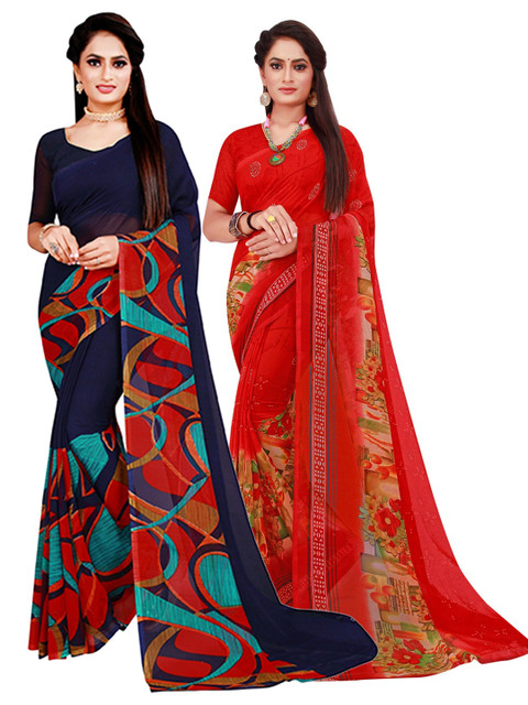 

Florence Pack Of 2 Navy Blue & Red Pure Georgette Saree