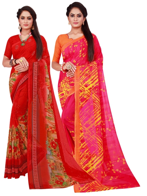 

Florence Red & Pink Pack of 2 Floral Printed Pure Georgette Saree