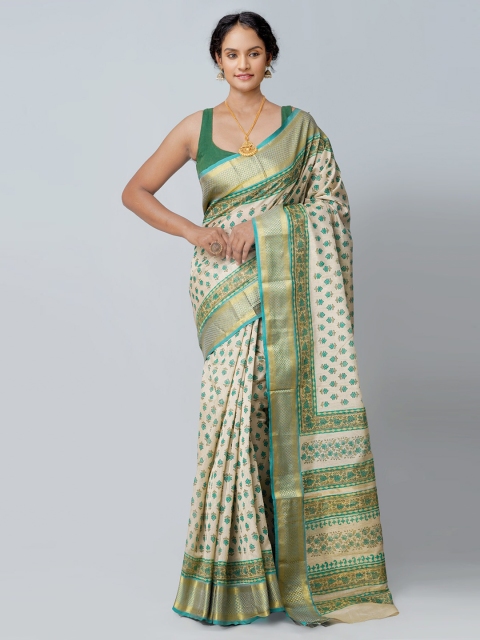 

Unnati Silks Cream-Coloured & Green Ethnic Motifs Zari Silk Blend Tussar Saree