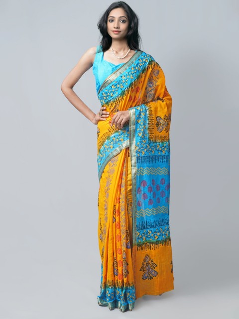 

Unnati Silks Yellow & Blue Ethnic Motifs Zari Pure Cotton Block Print Saree