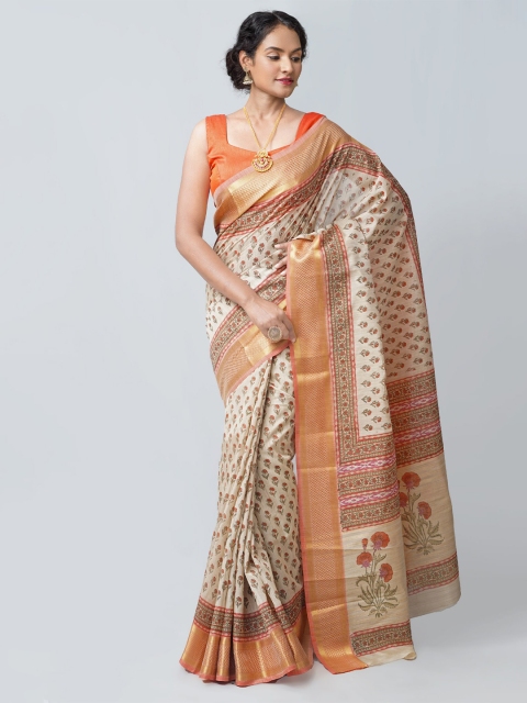 

Unnati Silks Cream-Coloured & Brown Ethnic Motifs Zari Silk Blend Tussar Saree