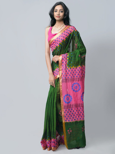 

Unnati Silks Green & Pink Ethnic Motifs Zari Pure Cotton Block Print Saree