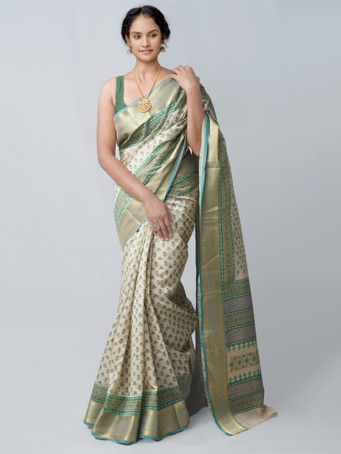 

Unnati Silks Cream-Coloured & Green Floral Zari Silk Blend Tussar Saree