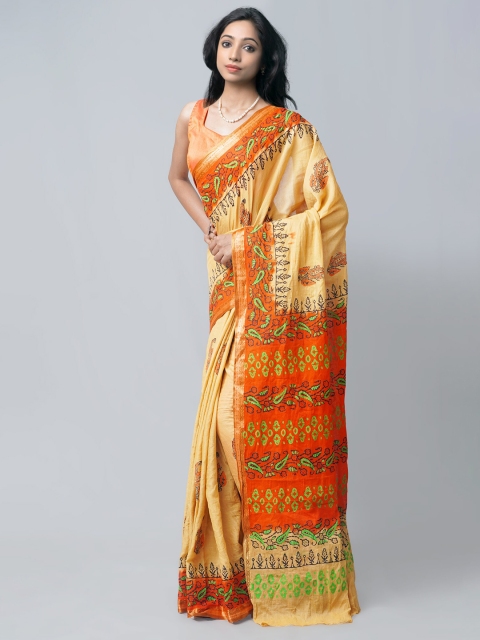 

Unnati Silks Orange & Cream-Coloured Ethnic Motifs Pure Cotton Block Print Saree