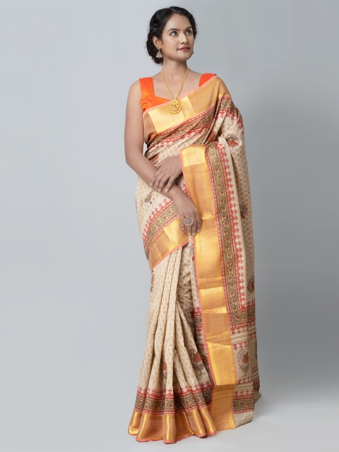 

Unnati Silks Cream-Coloured & Brown Ethnic Motifs Zari Silk Blend Tussar Saree