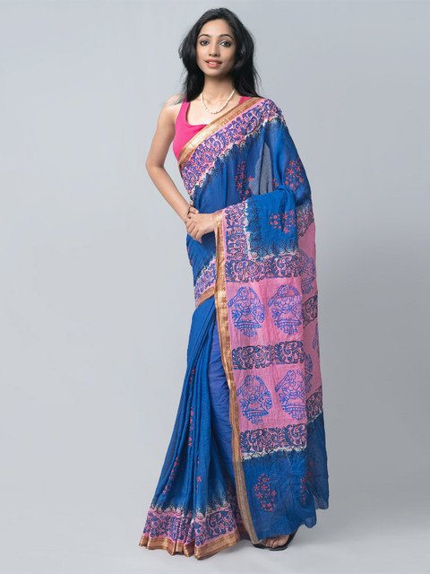 

Unnati Silks Blue & Pink Ethnic Motifs Pure Cotton Block Print Saree
