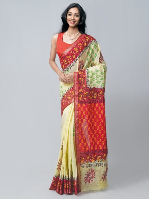 

Unnati Silks Yellow & Red Ethnic Motifs Pure Cotton Block Print Saree