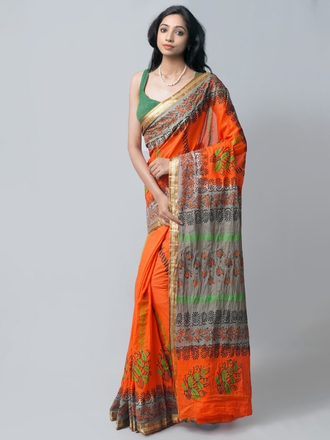 

Unnati Silks Orange & Green Ethnic Motifs Pure Cotton Block Print Saree