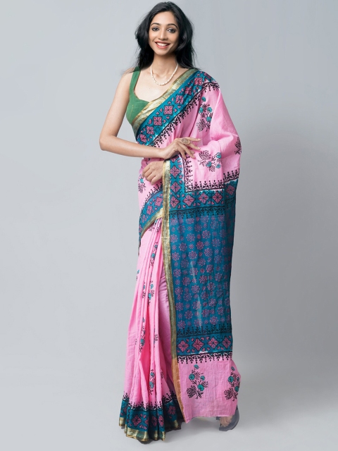 

Unnati Silks Pink & Blue Ethnic Motifs Pure Cotton Block Print Saree