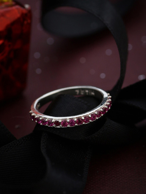 

Hiara Jewels 925 Sterling Silver Rhodium-Plated Pink CZ-Studded Finger Ring