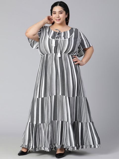 

Oxolloxo Women Plus Size Grey Striped Tie-Up Neck Tiered Crepe Maxi Dress