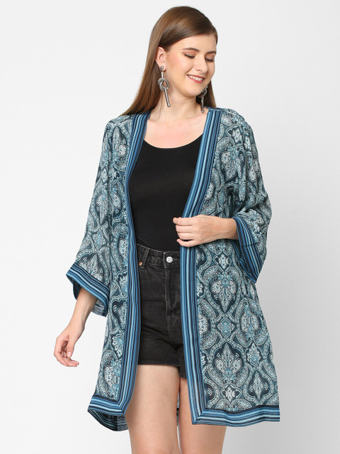 

Cloth Haus India Women Teal & White Printed Party Shrug