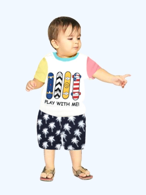 

Born Babies Unisex Kids White & Blue Printed T-shirt with Shorts