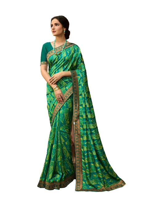 

VILAM Green & Yellow Floral Pure Georgette Block Print Saree