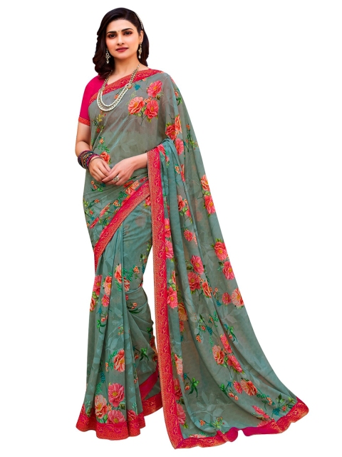 

VILAM Grey & Magenta Floral Pure Georgette Block Print Saree