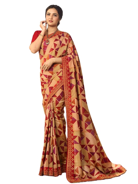 

VILAM Red & Beige Floral Pure Georgette Block Print Saree