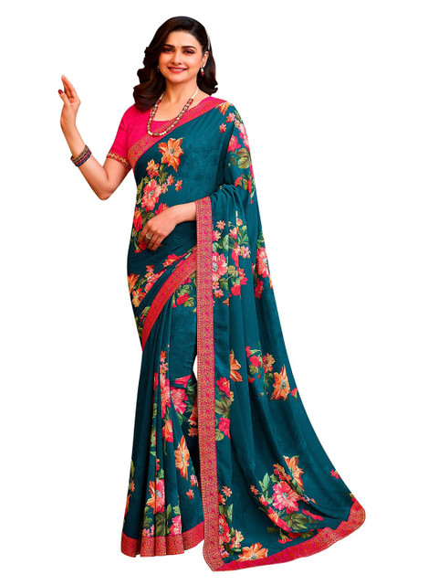 

VILAM Navy Blue & Green Floral Pure Georgette Block Print Saree
