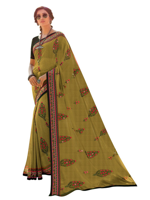 

VILAM Green & Pink Floral Pure Georgette Block Print Saree